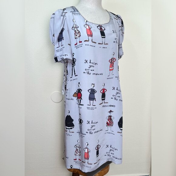 MOSCHINO 100% Silk Gray Cartoon Print Short Sleeve Shift Dress Size 4 - Picture 3 of 12